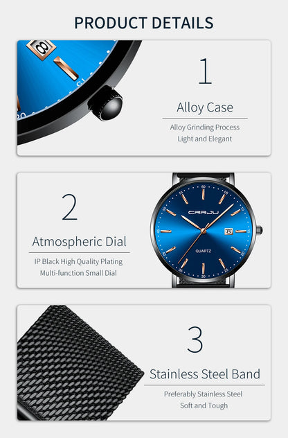 reloj hombre CRRJU Top Brand Luxury Blue Waterproof Watches Slim Stylish Date Casual Quartz Watch Men Sports Mesh Strap Clock