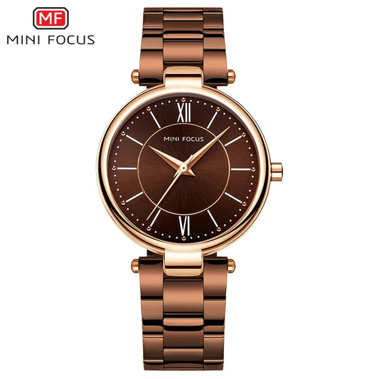 MINI FOCUS Stainless Steel Strap Watches for Women Waterproof Luxury Dress Quartz Wrist Watch Woman Lady Coffee Brown MF0189L