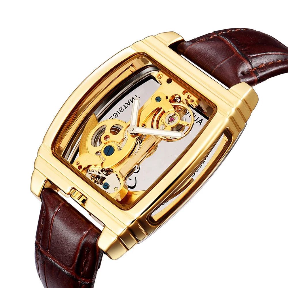 SHENHUA Mens Watches Top Brand Luxury Automatic Mechanical Transparent Skeleton Bridge Watch Leather Belt Wristwatch Male Clock