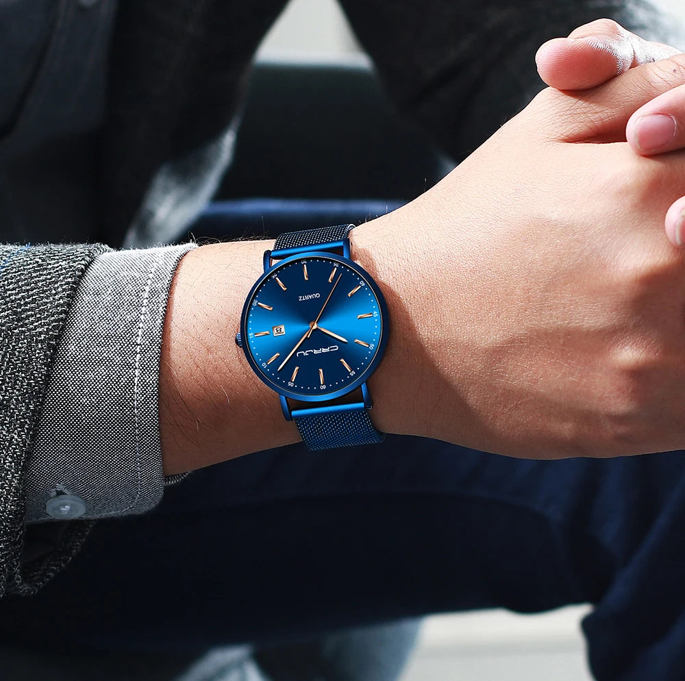 reloj hombre CRRJU Top Brand Luxury Blue Waterproof Watches Slim Stylish Date Casual Quartz Watch Men Sports Mesh Strap Clock