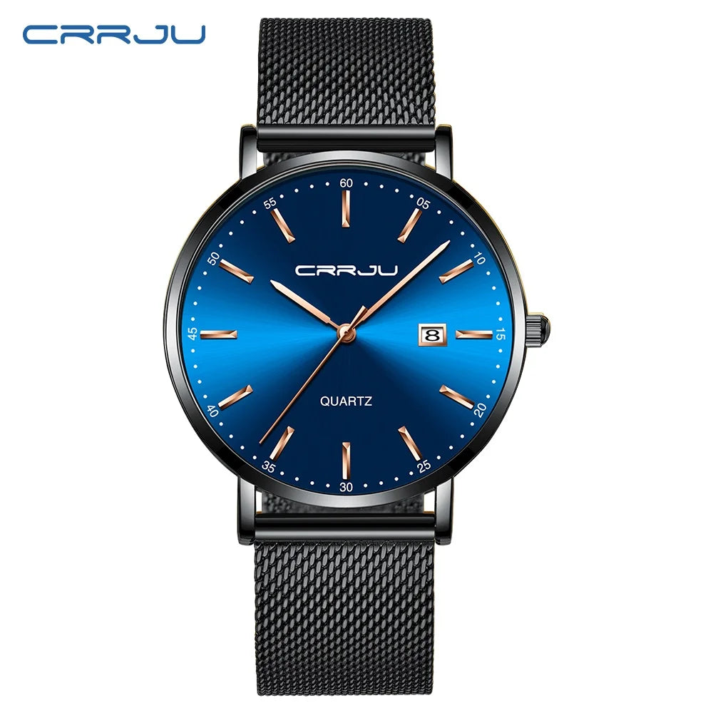 reloj hombre CRRJU Top Brand Luxury Blue Waterproof Watches Slim Stylish Date Casual Quartz Watch Men Sports Mesh Strap Clock