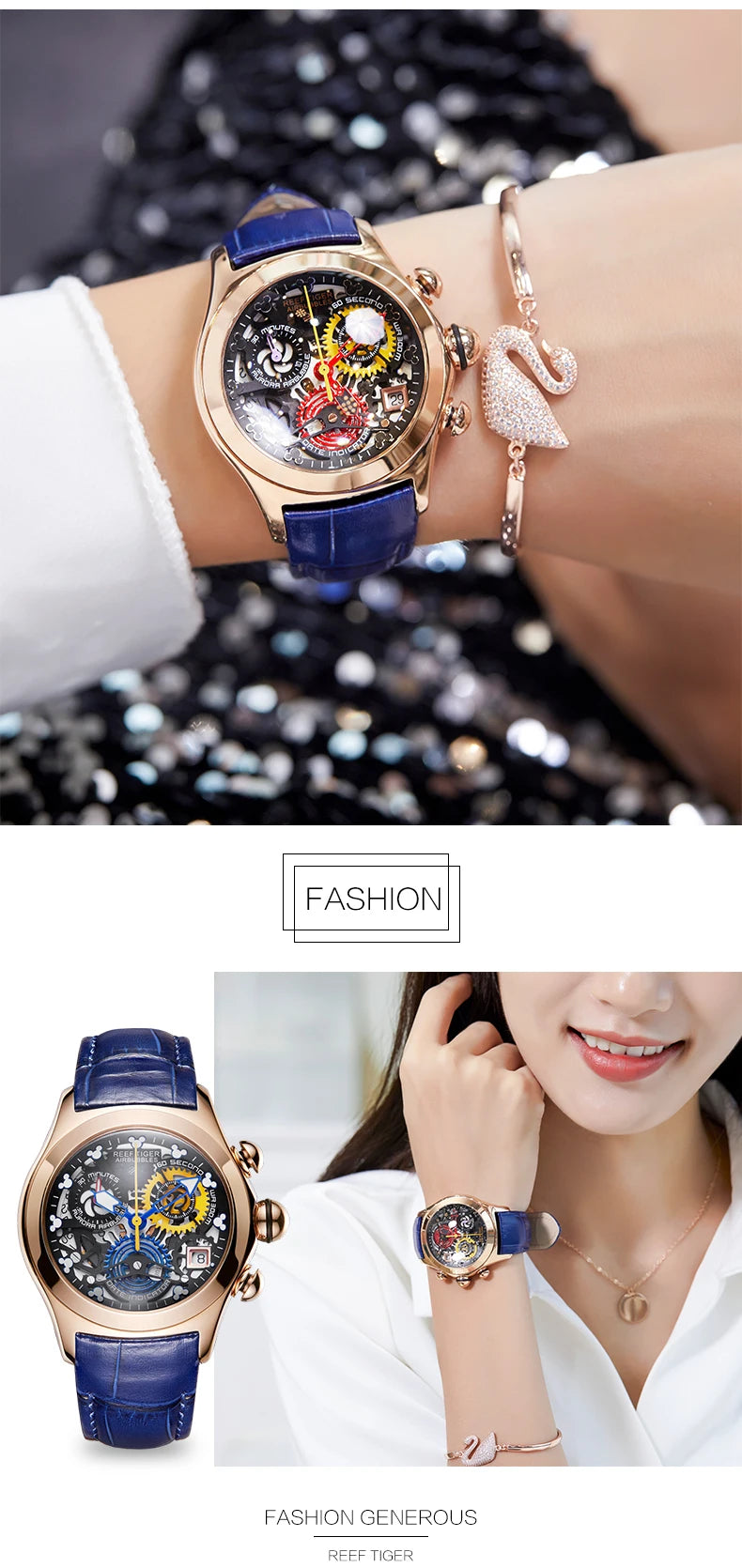 Reef Tiger New Designer Top Brand Luxury Fashion Watches for Women Steel Skeleton Watches Blue Strap Sport Watches RGA7181