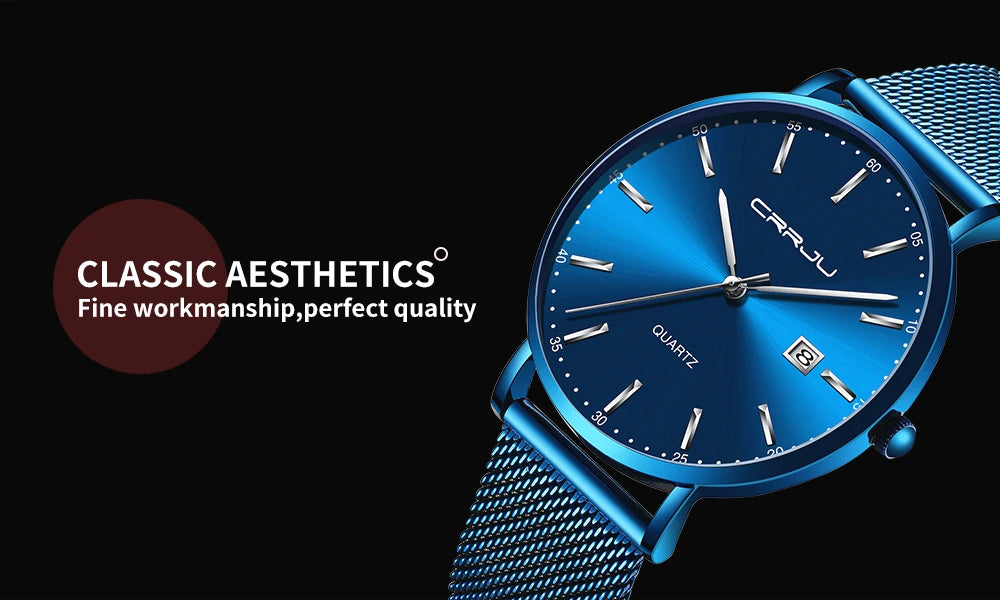 reloj hombre CRRJU Top Brand Luxury Blue Waterproof Watches Slim Stylish Date Casual Quartz Watch Men Sports Mesh Strap Clock