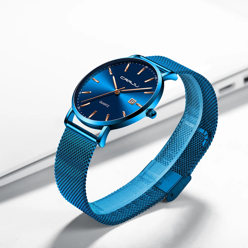 reloj hombre CRRJU Top Brand Luxury Blue Waterproof Watches Slim Stylish Date Casual Quartz Watch Men Sports Mesh Strap Clock
