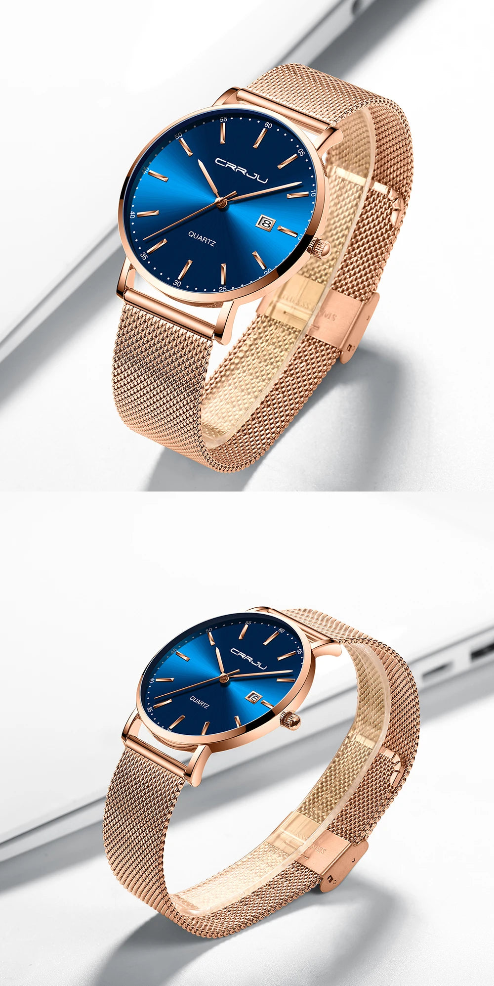 reloj hombre CRRJU Top Brand Luxury Blue Waterproof Watches Slim Stylish Date Casual Quartz Watch Men Sports Mesh Strap Clock