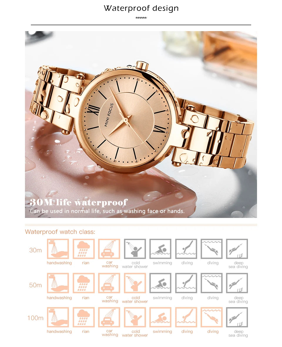 MINI FOCUS Stainless Steel Strap Watches for Women Waterproof Luxury Dress Quartz Wrist Watch Woman Lady Coffee Brown MF0189L