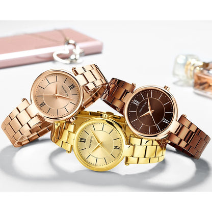 MINI FOCUS Stainless Steel Strap Watches for Women Waterproof Luxury Dress Quartz Wrist Watch Woman Lady Coffee Brown MF0189L