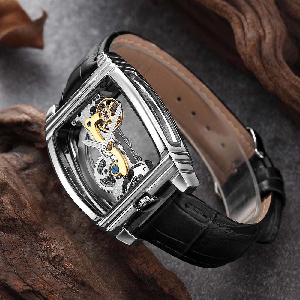 SHENHUA Mens Watches Top Brand Luxury Automatic Mechanical Transparent Skeleton Bridge Watch Leather Belt Wristwatch Male Clock