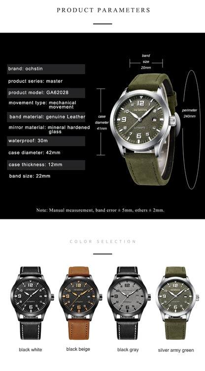 OCHSTIN Man Mechanical Pilot Wrist Watches Luxury Self Wind Leather Mechanic Male Clock Auto Date Relogio Masculino Gift for Men