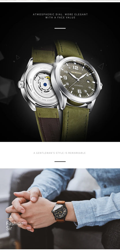 OCHSTIN Man Mechanical Pilot Wrist Watches Luxury Self Wind Leather Mechanic Male Clock Auto Date Relogio Masculino Gift for Men