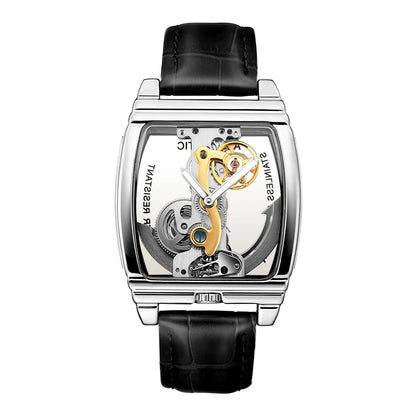 SHENHUA Mens Watches Top Brand Luxury Automatic Mechanical Transparent Skeleton Bridge Watch Leather Belt Wristwatch Male Clock