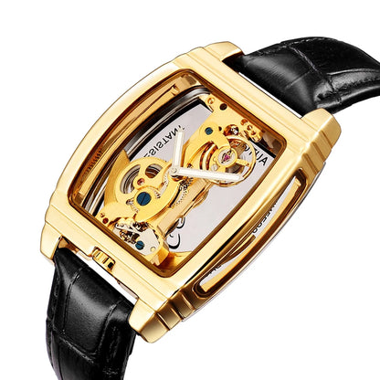 SHENHUA Mens Watches Top Brand Luxury Automatic Mechanical Transparent Skeleton Bridge Watch Leather Belt Wristwatch Male Clock