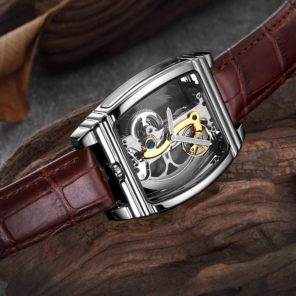 SHENHUA Mens Watches Top Brand Luxury Automatic Mechanical Transparent Skeleton Bridge Watch Leather Belt Wristwatch Male Clock