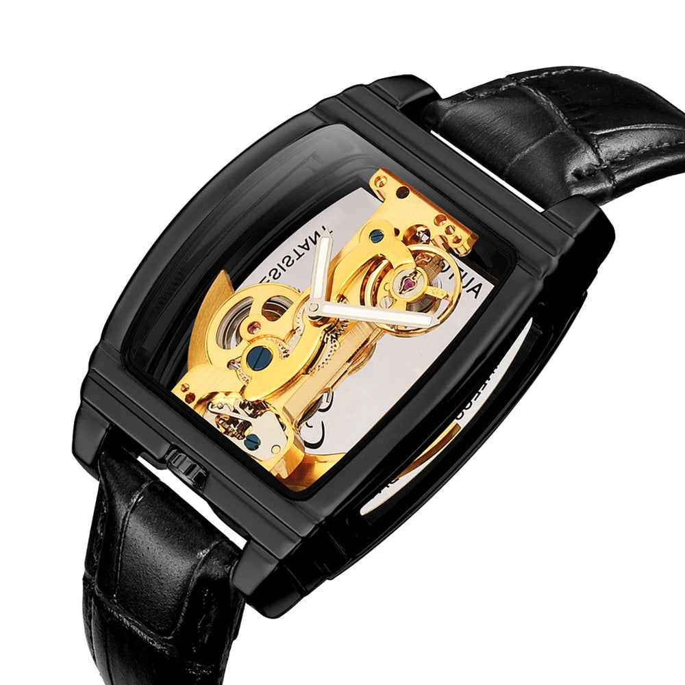 SHENHUA Mens Watches Top Brand Luxury Automatic Mechanical Transparent Skeleton Bridge Watch Leather Belt Wristwatch Male Clock
