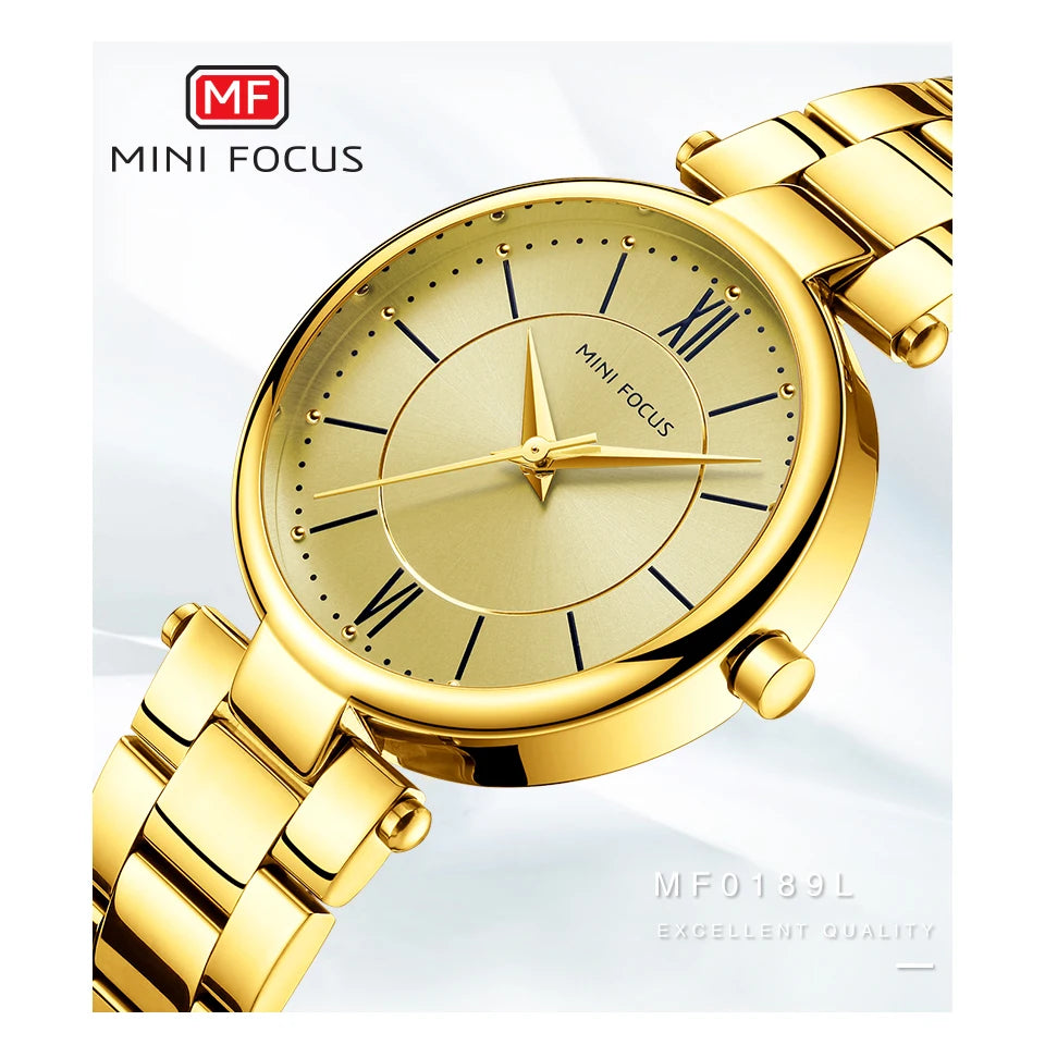 MINI FOCUS Stainless Steel Strap Watches for Women Waterproof Luxury Dress Quartz Wrist Watch Woman Lady Coffee Brown MF0189L