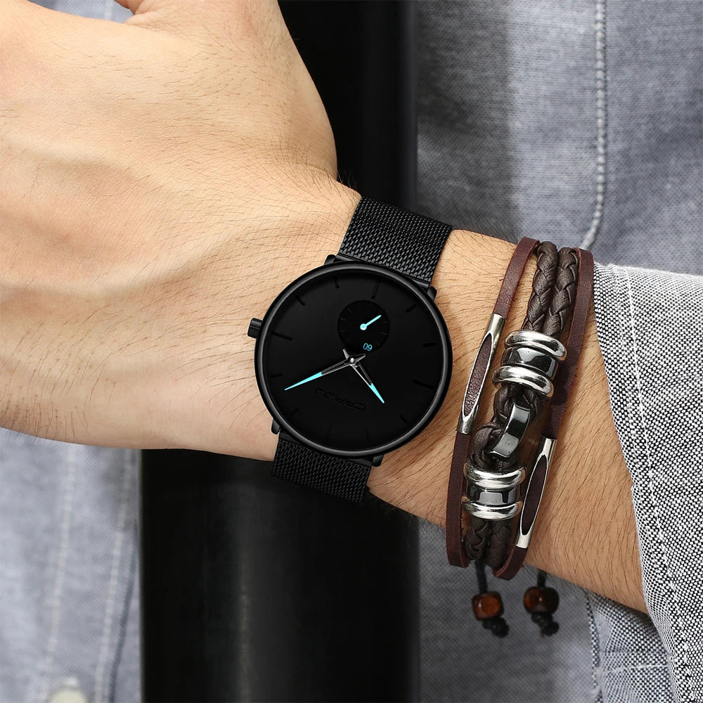 Relógio para homem CRRJU – Relógio de quartzo de luxo, estilo descontraído, fino, com bracelete em malha de aço, estanque e desportivo.