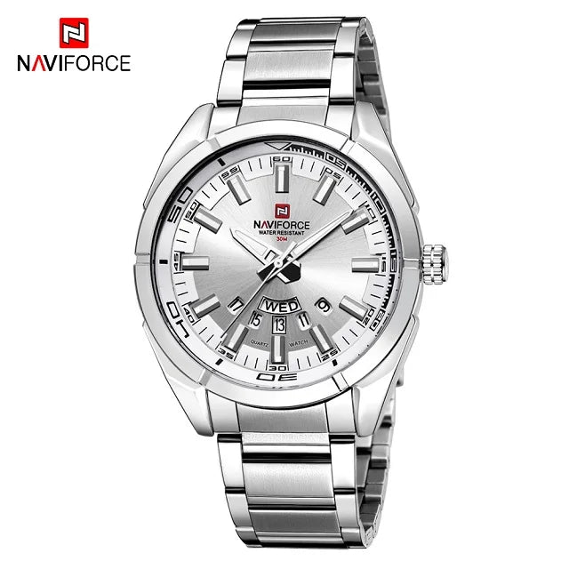Montre pour homme NAVIFORCE, entièrement en acier, étanche, style décontracté, mouvement à quartz avec affichage de la date – Montre-bracelet de luxe pour homme, d'une marque de premier plan.