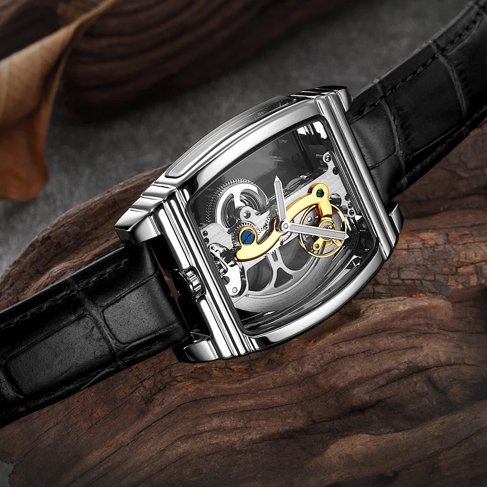 SHENHUA Mens Watches Top Brand Luxury Automatic Mechanical Transparent Skeleton Bridge Watch Leather Belt Wristwatch Male Clock