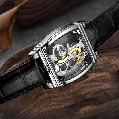 SHENHUA Mens Watches Top Brand Luxury Automatic Mechanical Transparent Skeleton Bridge Watch Leather Belt Wristwatch Male Clock
