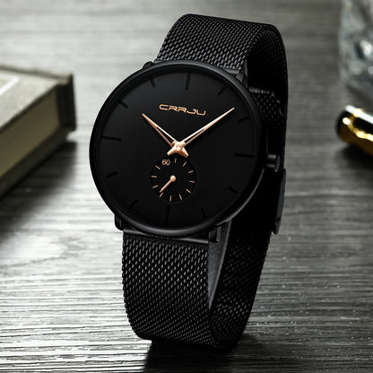 Relógio para homem CRRJU – Relógio de quartzo de luxo, estilo descontraído, fino, com bracelete em malha de aço, estanque e desportivo.