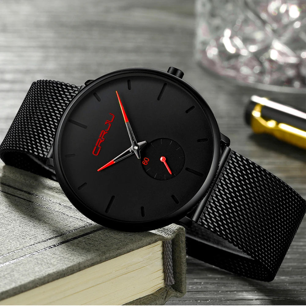 Relógio para homem CRRJU – Relógio de quartzo de luxo, estilo descontraído, fino, com bracelete em malha de aço, estanque e desportivo.