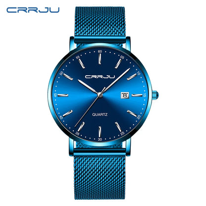 reloj hombre CRRJU Top Brand Luxury Blue Waterproof Watches Slim Stylish Date Casual Quartz Watch Men Sports Mesh Strap Clock