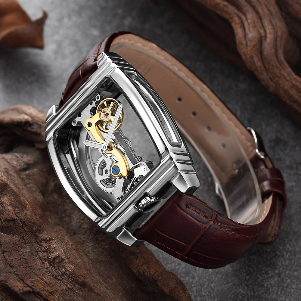 SHENHUA Mens Watches Top Brand Luxury Automatic Mechanical Transparent Skeleton Bridge Watch Leather Belt Wristwatch Male Clock