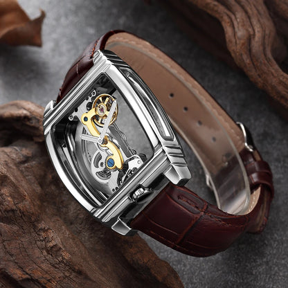 SHENHUA Mens Watches Top Brand Luxury Automatic Mechanical Transparent Skeleton Bridge Watch Leather Belt Wristwatch Male Clock