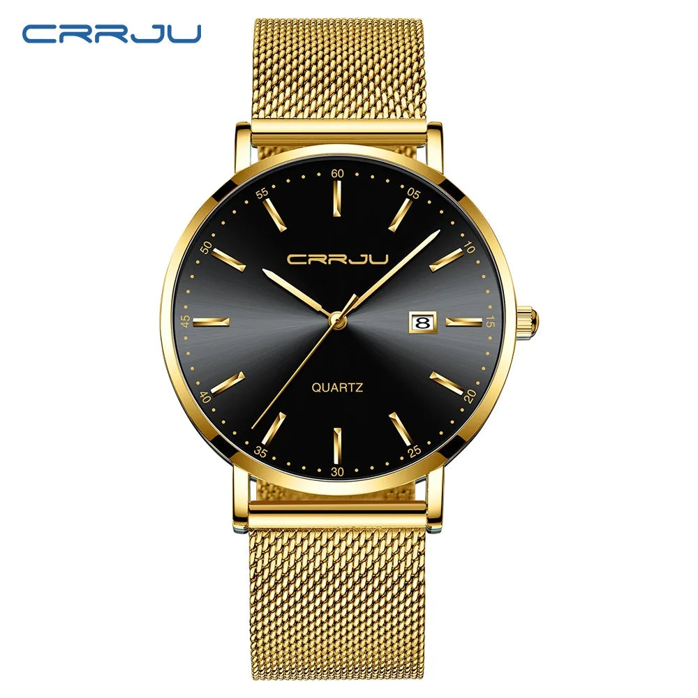 reloj hombre CRRJU Top Brand Luxury Blue Waterproof Watches Slim Stylish Date Casual Quartz Watch Men Sports Mesh Strap Clock