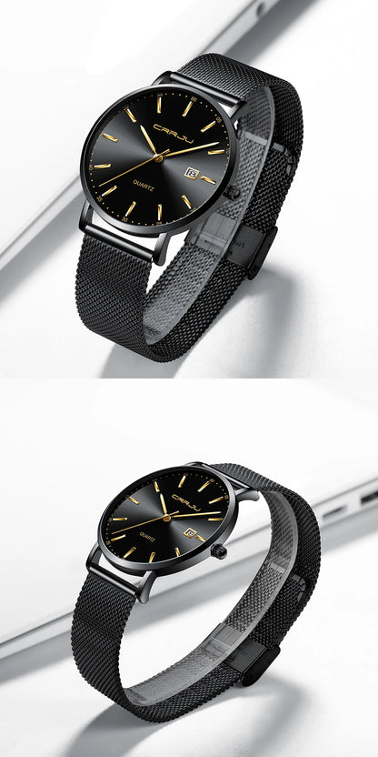 reloj hombre CRRJU Top Brand Luxury Blue Waterproof Watches Slim Stylish Date Casual Quartz Watch Men Sports Mesh Strap Clock