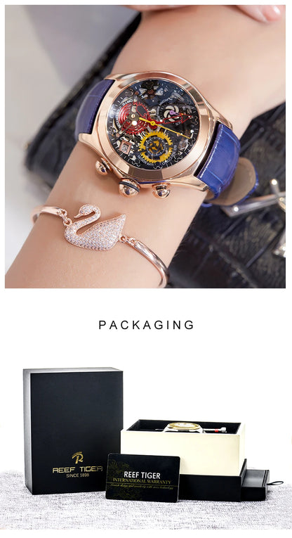 Reef Tiger New Designer Top Brand Luxury Fashion Watches for Women Steel Skeleton Watches Blue Strap Sport Watches RGA7181
