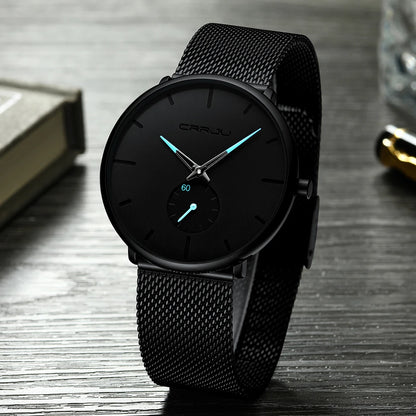 Relógio para homem CRRJU – Relógio de quartzo de luxo, estilo descontraído, fino, com bracelete em malha de aço, estanque e desportivo.