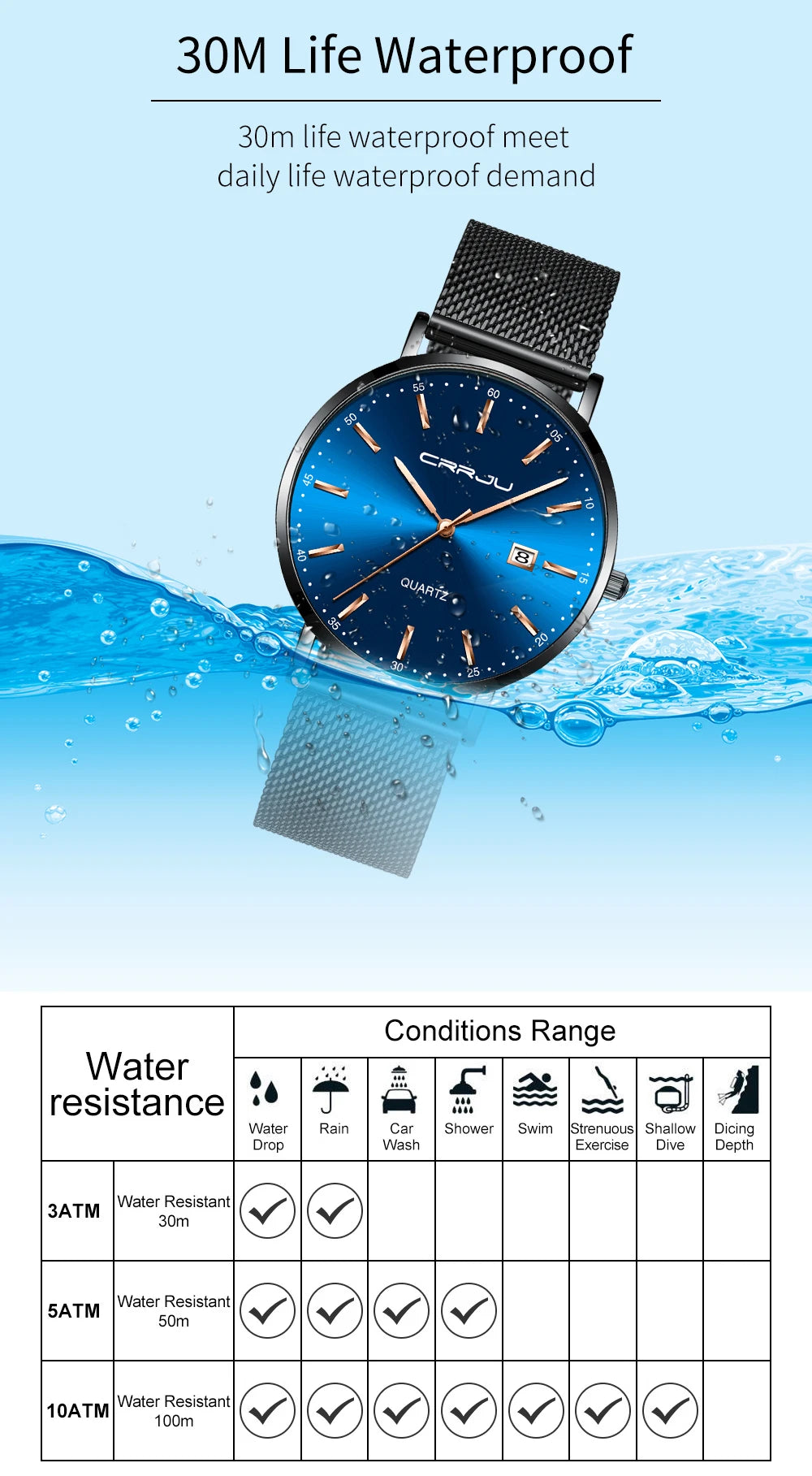 reloj hombre CRRJU Top Brand Luxury Blue Waterproof Watches Slim Stylish Date Casual Quartz Watch Men Sports Mesh Strap Clock