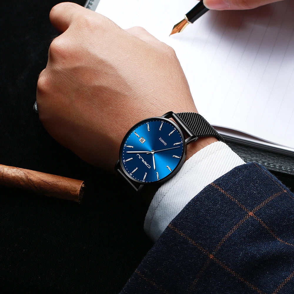 reloj hombre CRRJU Top Brand Luxury Blue Waterproof Watches Slim Stylish Date Casual Quartz Watch Men Sports Mesh Strap Clock