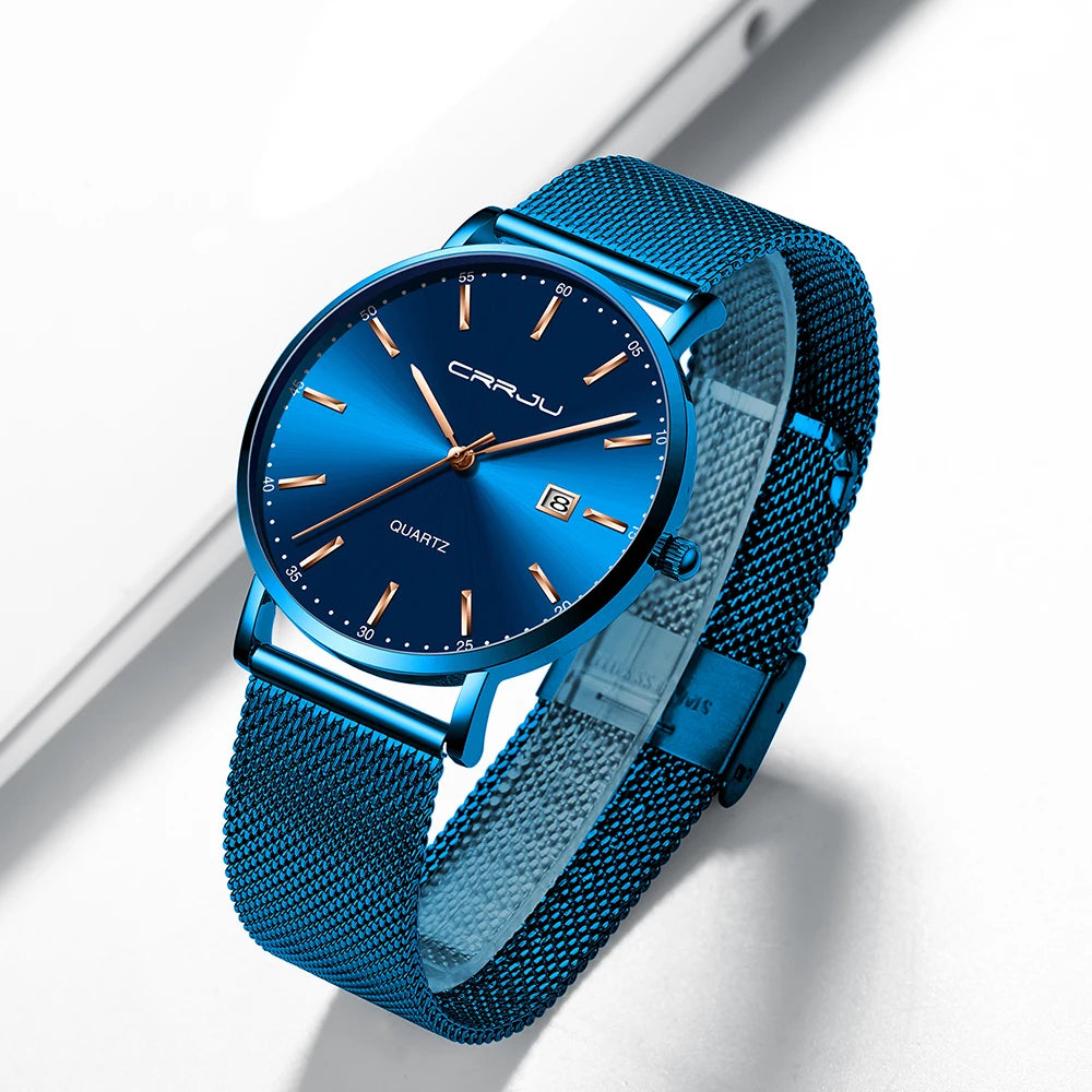 reloj hombre CRRJU Top Brand Luxury Blue Waterproof Watches Slim Stylish Date Casual Quartz Watch Men Sports Mesh Strap Clock