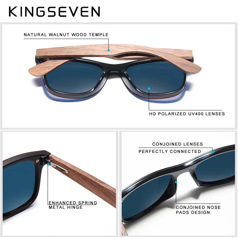 KINGSEVEN Ochelari de soare de lux din lemn de nuc, polarizați, din lemn, de marcă, de designer, fără ramă, cu lentile oglindite, pătrați, pentru femei/bărbați