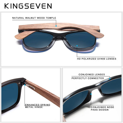 KINGSEVEN Ochelari de soare de lux din lemn de nuc, polarizați, din lemn, de marcă, de designer, fără ramă, cu lentile oglindite, pătrați, pentru femei/bărbați