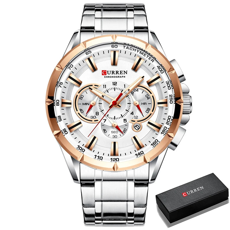 CURREN Business Herren-Armbanduhr, Luxusmarke, Edelstahl-Armbanduhr, Chronograph, Army Military Quarzuhren
