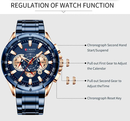 CURREN Business Herren-Armbanduhr, Luxusmarke, Edelstahl-Armbanduhr, Chronograph, Army Military Quarzuhren