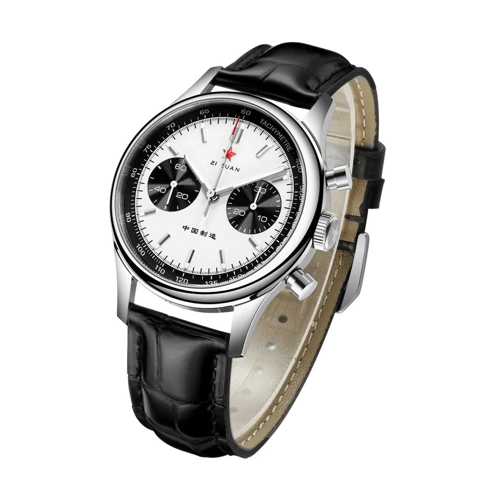Red Star Panda Mens 1963 Chronograph Mechanical Wristwatch Seagull st1901 Movement Gooseneck 40mm Luminous Sapphire Pilot Watch