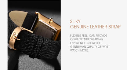 IBSO Ultra-Thin Rectangle Dial Men's Quartz Watch Luxury Business Style Genuine Leather Strap Waterproof New Men WristWatches