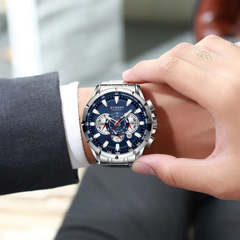 CURREN Business Herren-Armbanduhr, Luxusmarke, Edelstahl-Armbanduhr, Chronograph, Army Military Quarzuhren