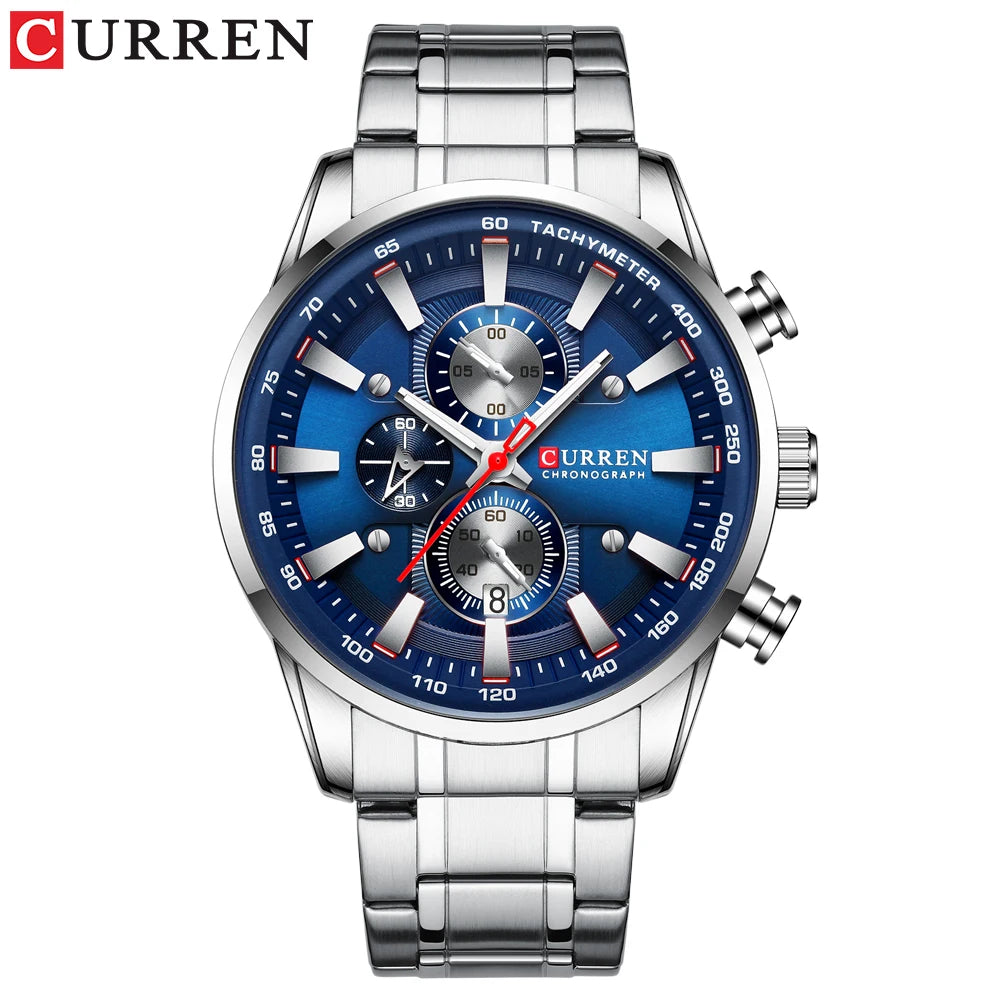 Curren Men's Watch Top Luxury Brand Big Dial Blue Quartz Men Watches Chronograph Sport Wristwatch Man Stainless Steel Date Clock
