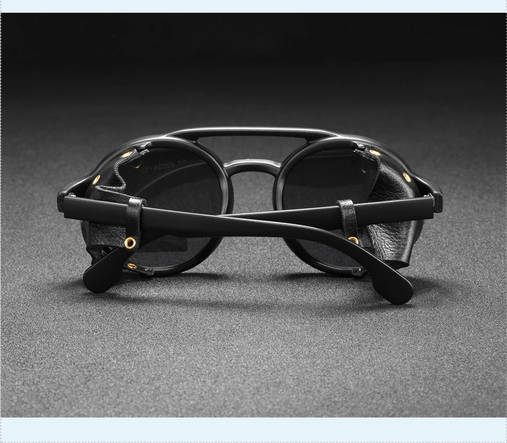 KDEAM Ochelari de soare rotunzi vintage pentru bărbați și femei, din piele, cu design tip „shield” și punte dublă, model KD179