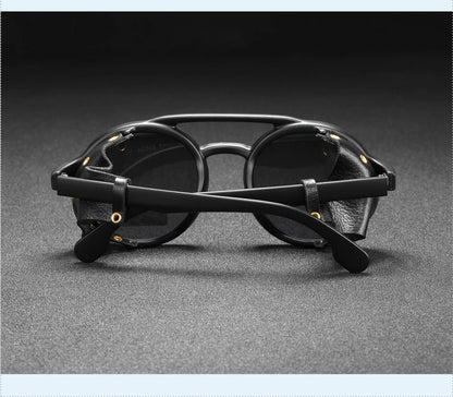KDEAM Ochelari de soare rotunzi vintage pentru bărbați și femei, din piele, cu design tip „shield” și punte dublă, model KD179