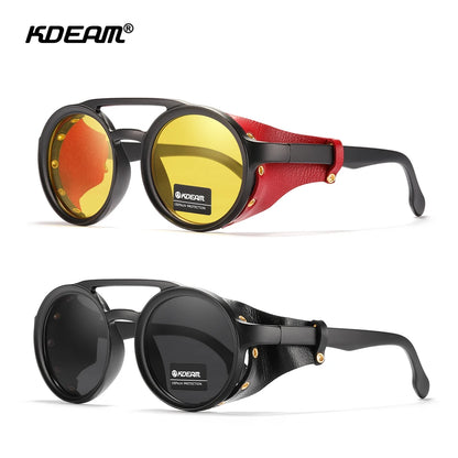 KDEAM Ochelari de soare rotunzi vintage pentru bărbați și femei, din piele, cu design tip „shield” și punte dublă, model KD179