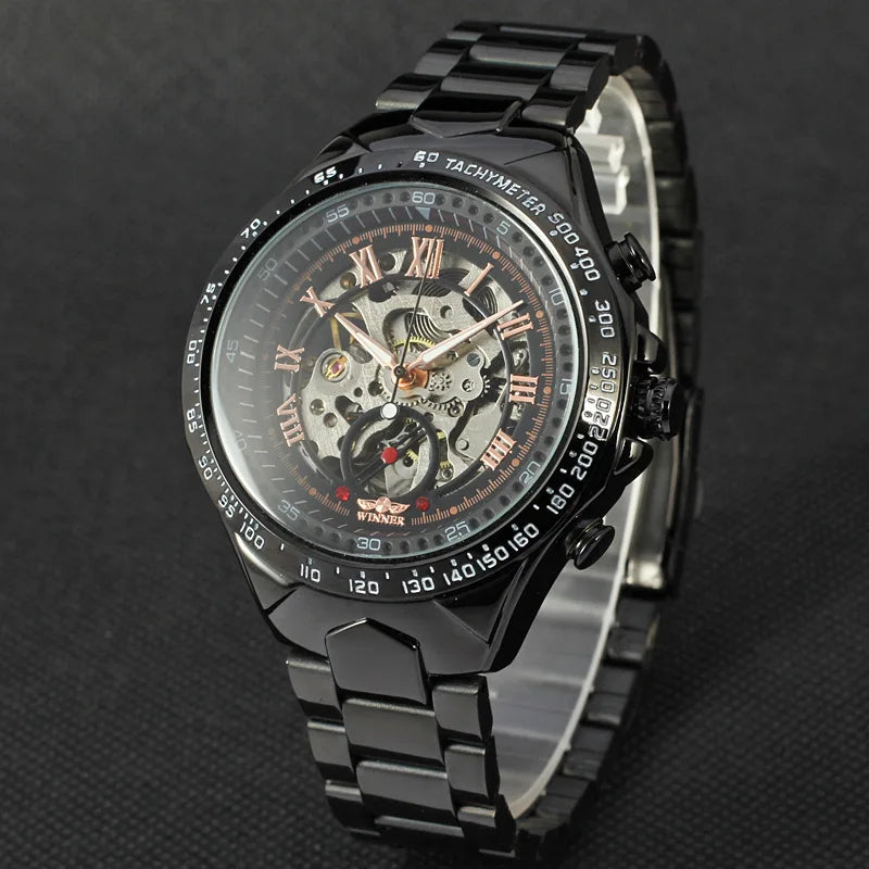 WINNER Men Gold Watches Automatic Mechanical Watch Male Skeleton Wristwatch Stainless Steel Band Luxury Brand Sports Design