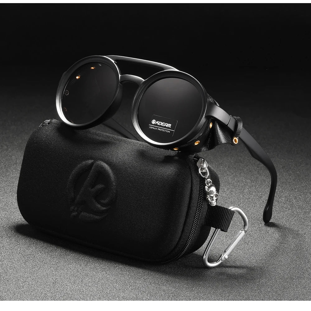 KDEAM Ochelari de soare rotunzi vintage pentru bărbați și femei, din piele, cu design tip „shield” și punte dublă, model KD179