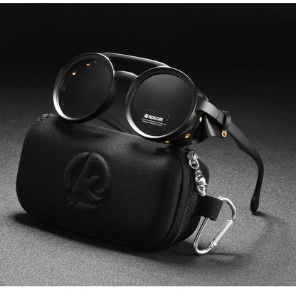 KDEAM Ochelari de soare rotunzi vintage pentru bărbați și femei, din piele, cu design tip „shield” și punte dublă, model KD179
