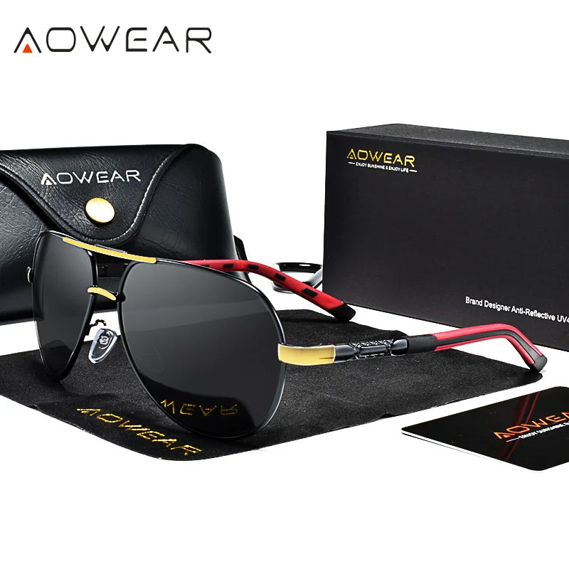 AOWEAR Ochelari de soare polarizați pentru aviație pentru bărbați, din aluminiu, pentru șofat, ochelari de soare pentru bărbați, de marcă, de designer, accesorii retro pentru ochelari, gafas